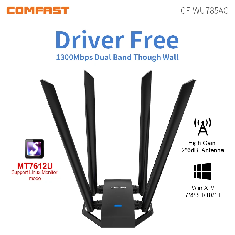 Comfast 1300Mbps Adaptador 2.4G&5GHz Usb Network Card Wireless WiFi Adapter High Gain 4*6dbi Antenna Desktop Linux Wi-fi Receive