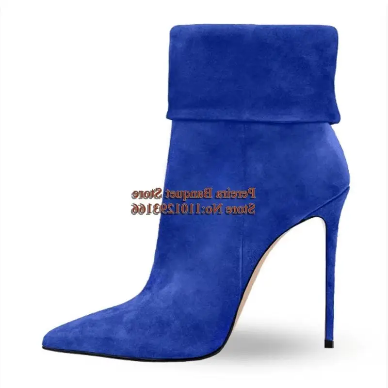 

Customized Women Suede Cloth Ankle Boots Pointed Toe Fold Over Slip On Stretch Fabric Stiletto High Heels Short Booties Pink