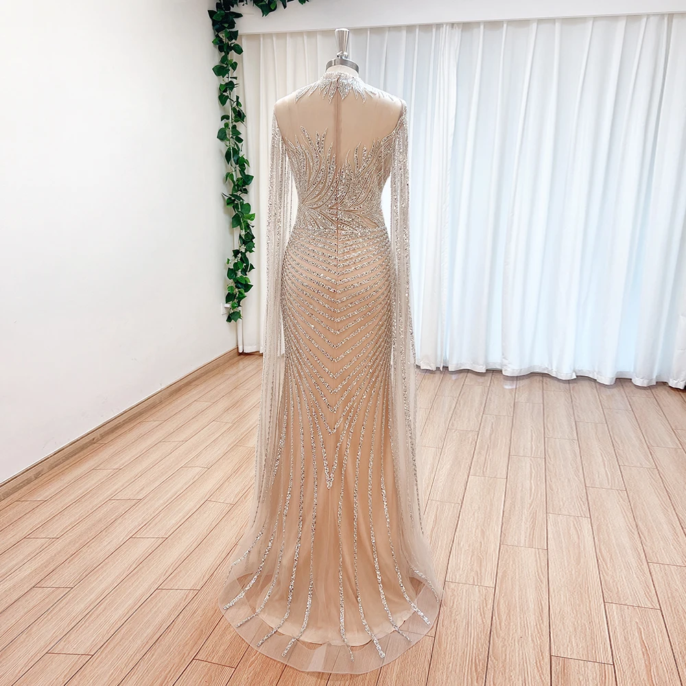 Elegant Mermaid Arabic Mermaid Evening Dress for Women Long Cape Sleeves 2024 High Neck Formal Prom Wedding Party Gown Customizd