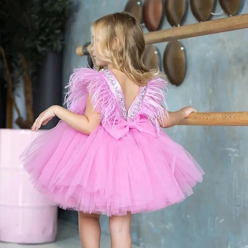 Puffy Feathers Princess Girl Dress Beading Children Birthday Ball Gown Christmas Party Dress vestido de festa de casamento