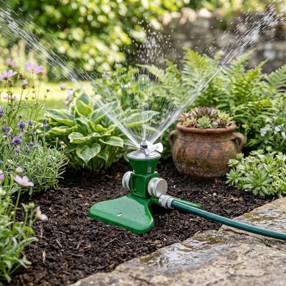360 Degree Rotating Sprinkler Engineered for Even Water Spread and Secure Tripod Positioning on Uneven Terrain
