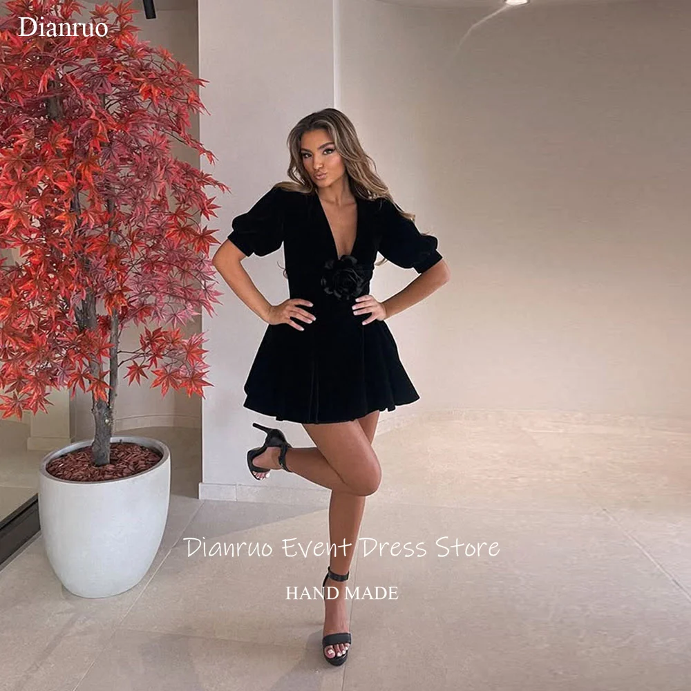 

Dianruo Chic Black V Neck Prom Dresses A Line Satin Cocktail Dresses Elegant Above Knee 3D Flower Homecoming Dressess Customized