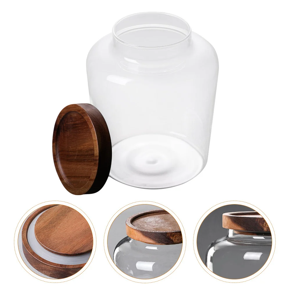 

Glass Sealing Pot Cereals Soybean Grain Storage Jar Wood Lid Kitchen Canister Long Time Use Fresh Food Preservation