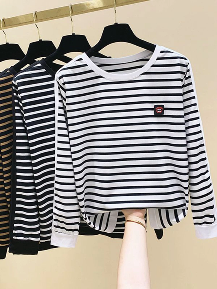 gkfnmt Korean Style Women T-Shirt Oversize 4XL Long Sleeve Striped Cotton Tshirt Tops Autumn Winter T Shirt Femme Clothing Loose