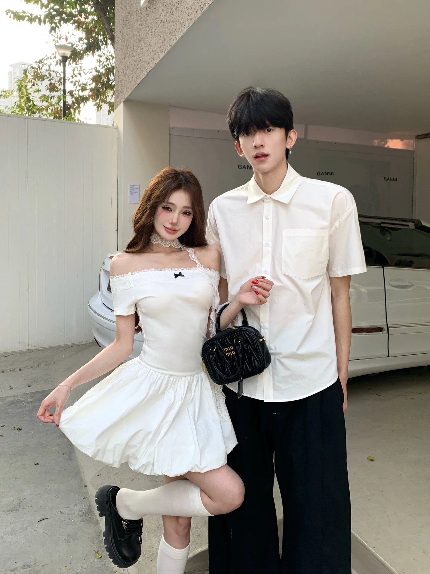 

Korean Style Couple Matching Summer Short Sleeve Shirt Men Pure Desire One Shoulder Lace Trim Waist Cinching Dress One Skirt