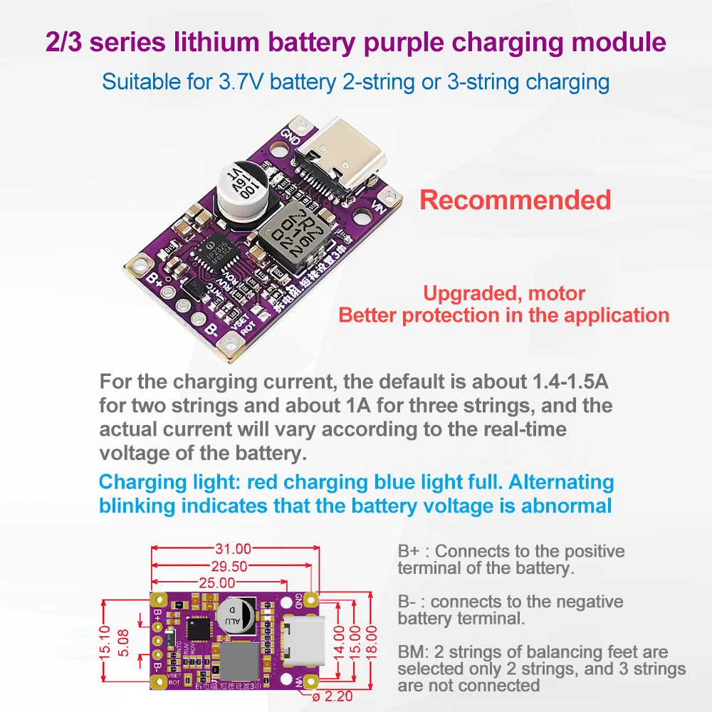 Type-C USB 2-3S BMS 15W 3.7V Lithium Battery Charging Boost Module With Balanced Support QC Fast Charge With Indicator