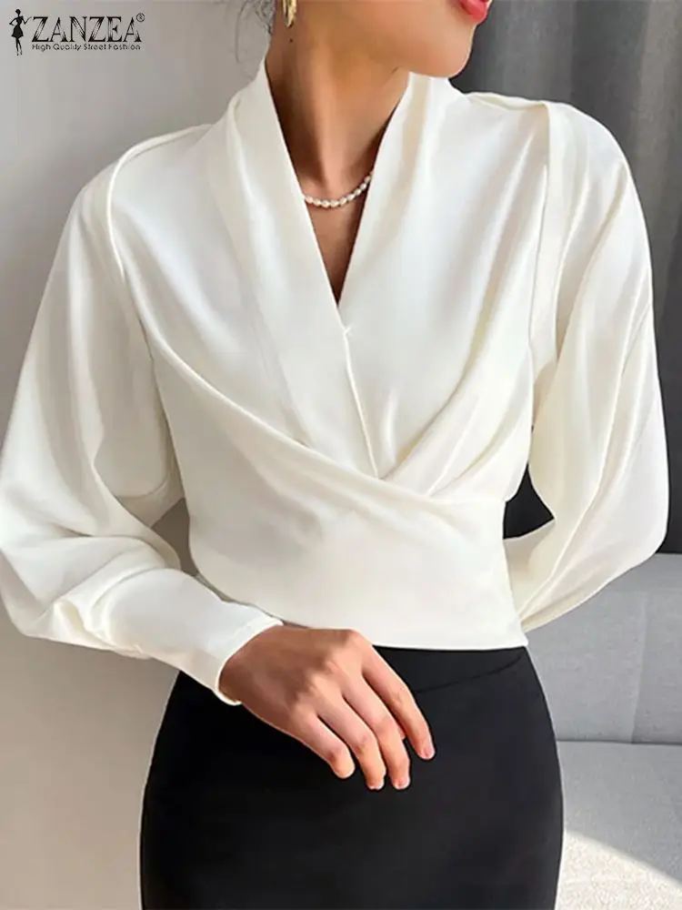 ZANZEA Fashion Wrapped Women Blouses Elegant Long Cuff Puff Sleeve V Neck Blusas 2023 New Waisted Short Tops Irregular Shirts