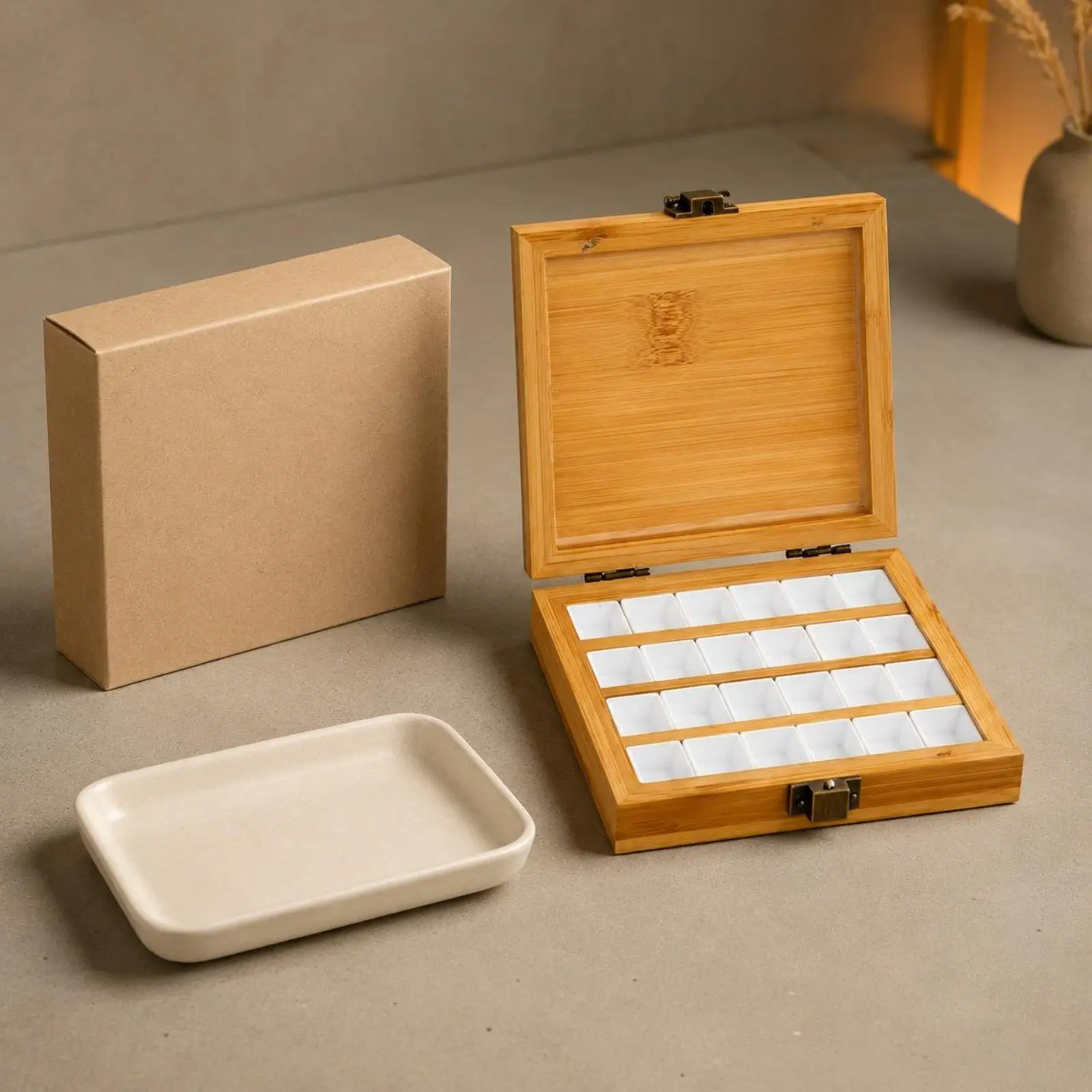 Compartmented Watercolor Box Bamboo Wood Wooden Paint Box Metal Clasp Hinged Wooden Case
