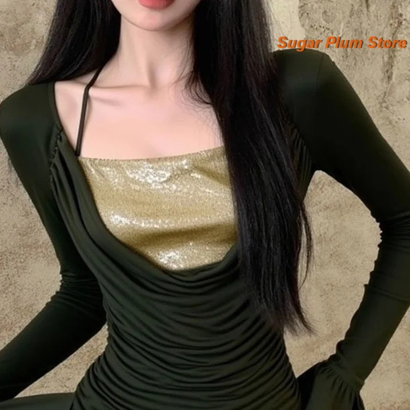 French fashion green fake two-piece top women's summer and autumn high-grade unique temperament slim casual Joker bottoming top.
