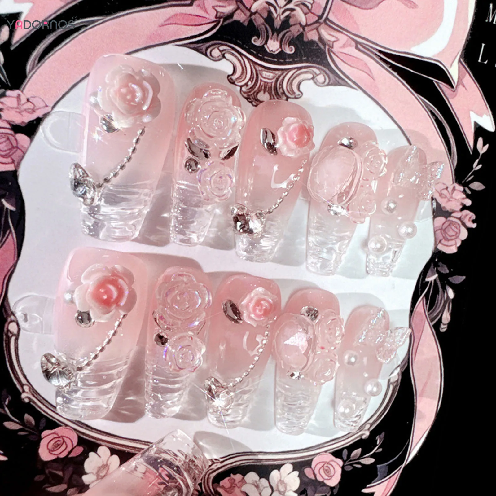 10ชิ้นเล็บปลอมทำด้วยมือสีชมพูมีดอกไม้กดบัลเล่ต์ยาวตกแต่งเล็บเพชรสวมใส่ได้เล็บปลอมเคล็ดลับสำหรับผู้หญิง