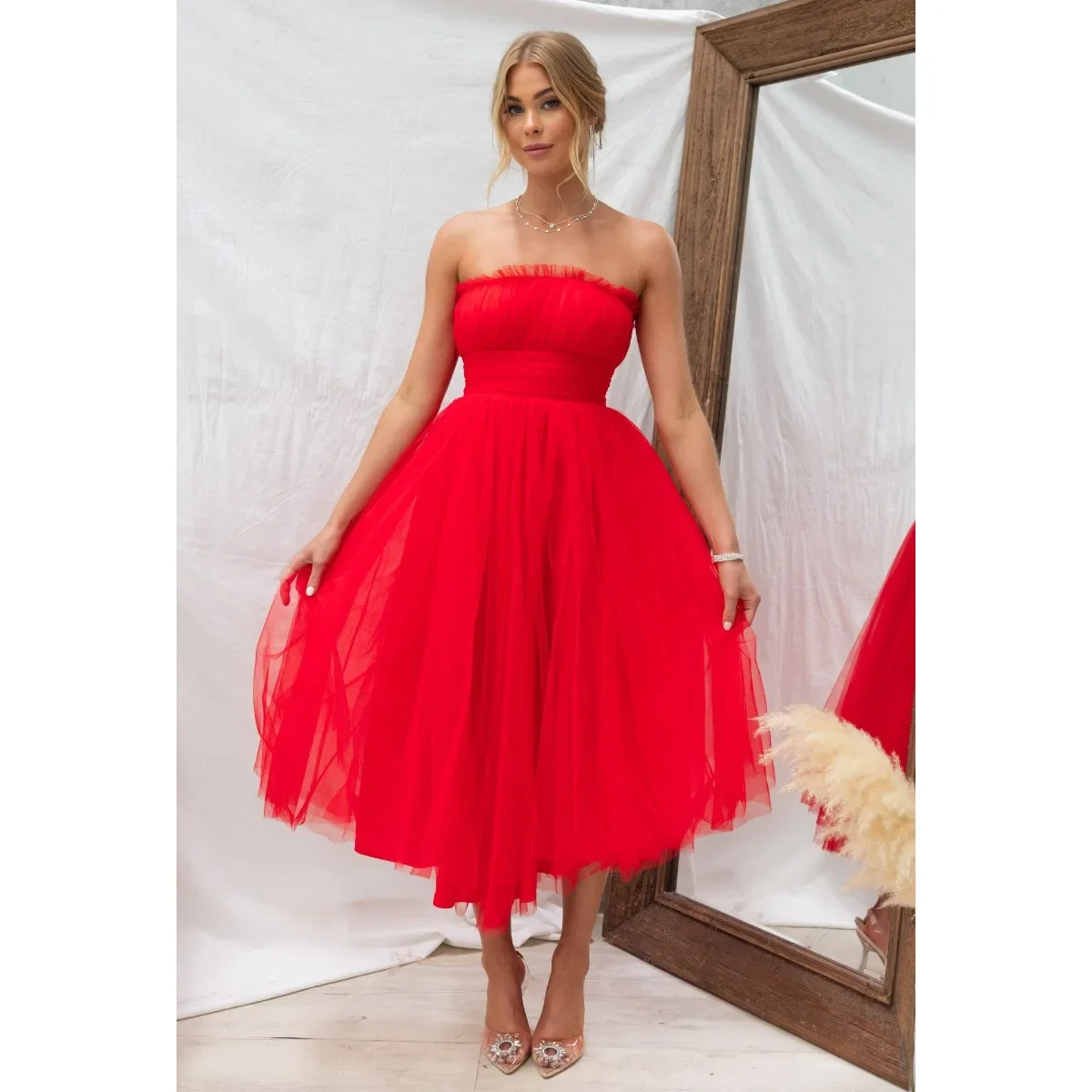 Nieuwe strapless mesh jurk casual dames mouwloze lente zomer dames multi-color feestjurk hoge taille sexy