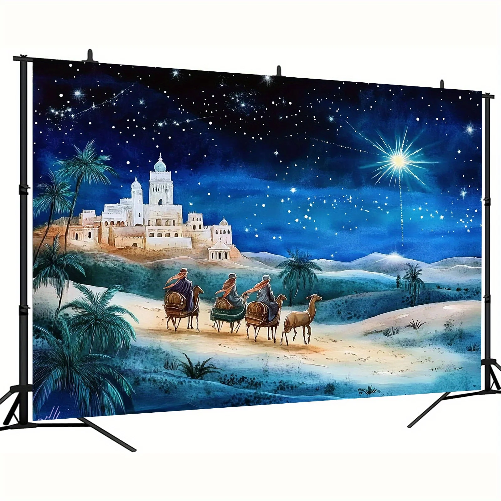 مسطح ثنائي الأبعاد، قطعة واحدة من لافتة مشهد المهد الكبيرة - منظر طبيعي صحراوي ليلي مرصع بالنجوم مع ثلاثة رجال حكماء، قافلة الجمل وكنيسة بيثليهيم