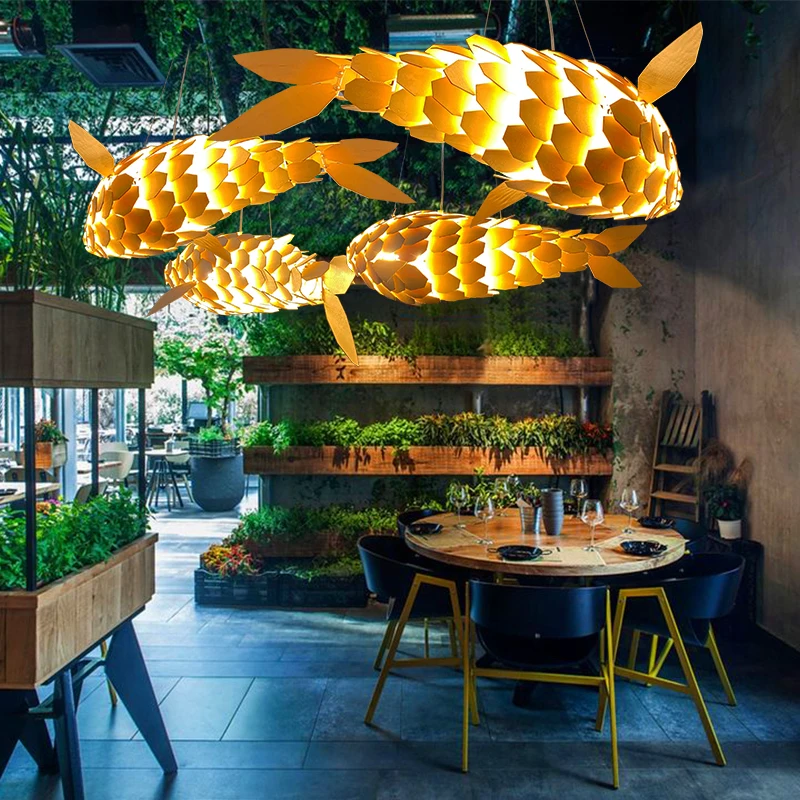 1Pcs Fish-Shaped Wooden Ceiling Pendant Light Chandelier Lamp Hanging Fixtures Loft Art Deco