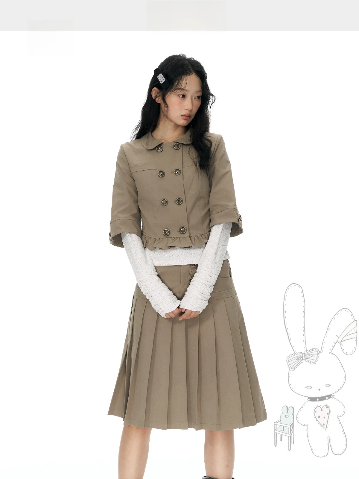Slimming Effect Korean Style Short Outerwear Women's Top with Double Row round Buttons Baby Collar And 7/8 Length Sleeves