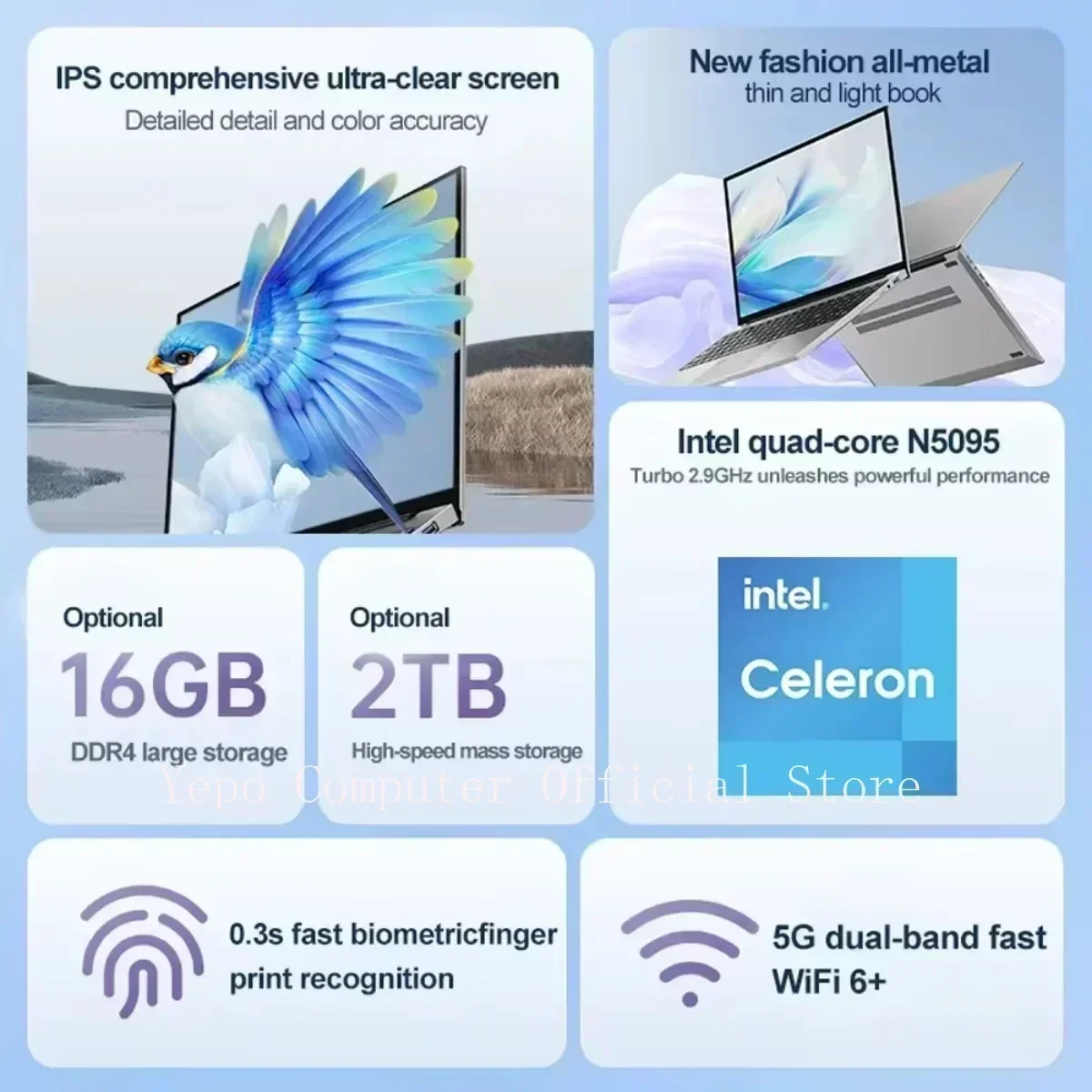 2025 new laptop Intel N5095 Windows 11 Pro 16 inch 2K HD screen 16G RAM 2TB SSD DDR4 WIFI5 Business Office Lightweight Computer