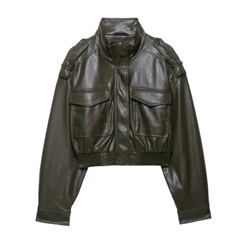 Fashion Faux Leather Jackets Spring Autumn Women's Stand Collar Pocket Solid Outerwear ﻿vintage Zipper Long Sleeve Short Coat