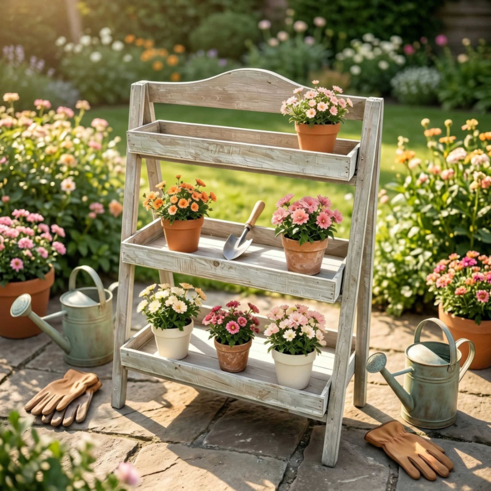 Three-Tier Flower Stand Rustic 3-Tier Plant Ladder Shelving Freestanding Furniture Space-Saving for Gardeners, Indoor Corners