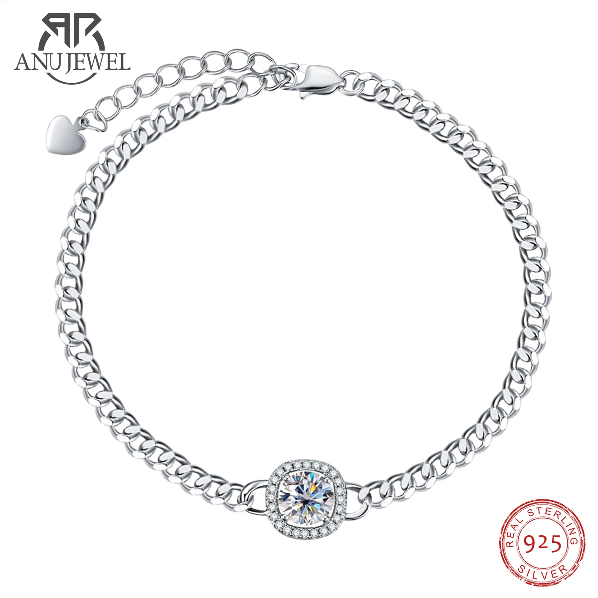 AnuJewel Cushion Moissanite Diamond Cuban Silver Bracelet On Hand  18K White Gold Plated  Adjustable Bracelets For Woman