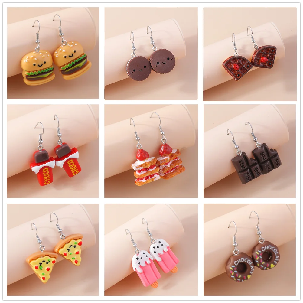 Aihua Resin Funny Food Earrings French Fries Cookies Ice Cream Bread Hot Dog Pizza Chocolate Strawberry Cake Earrings Gifts