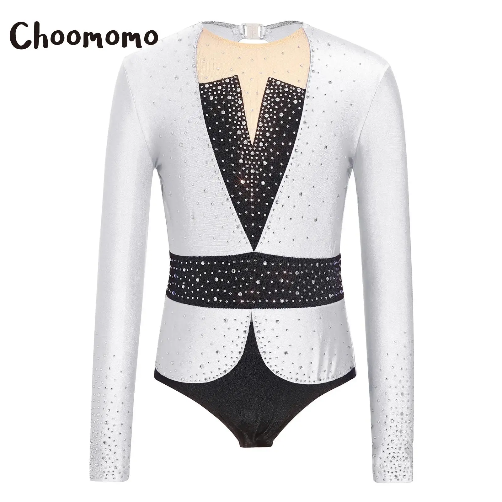 

Kids Girls Figure Skating Jumpsuit Rhythmic Gymnastics Leotard Long Sleeve Rhinestones Color Block Ballet Dance Full Bodysuit