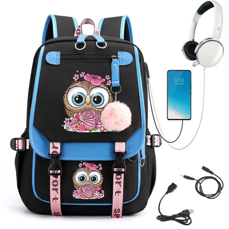 Coruja com Flower Print Mochila para Meninas, Sacos para Adolescentes, Cute Kawaii Bagpack, USB, Estudantes da Escola Primária, Bookbag