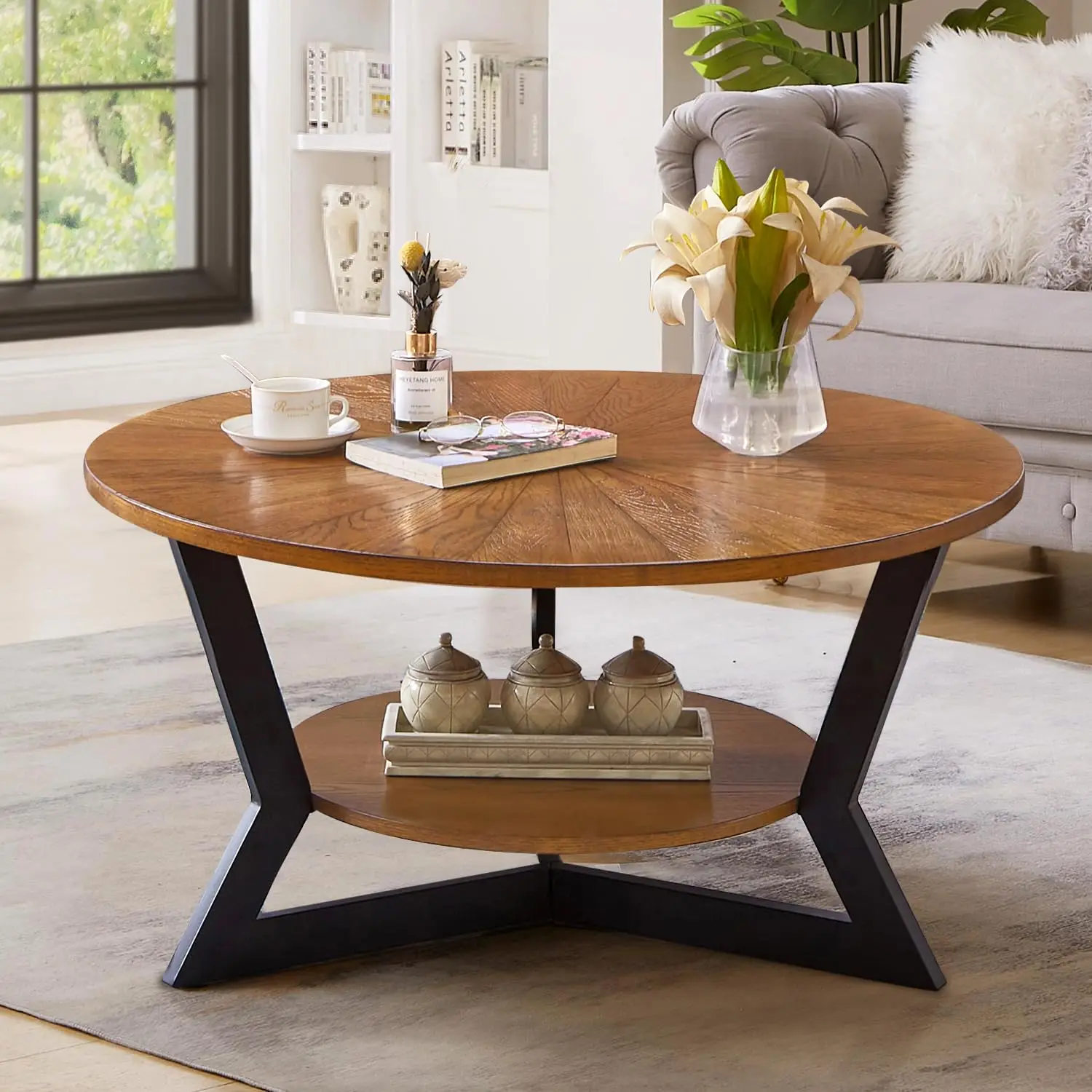 

2-Tier Round Wood Coffee Table Center Living Room Bedroom Office 35"x18", Customized