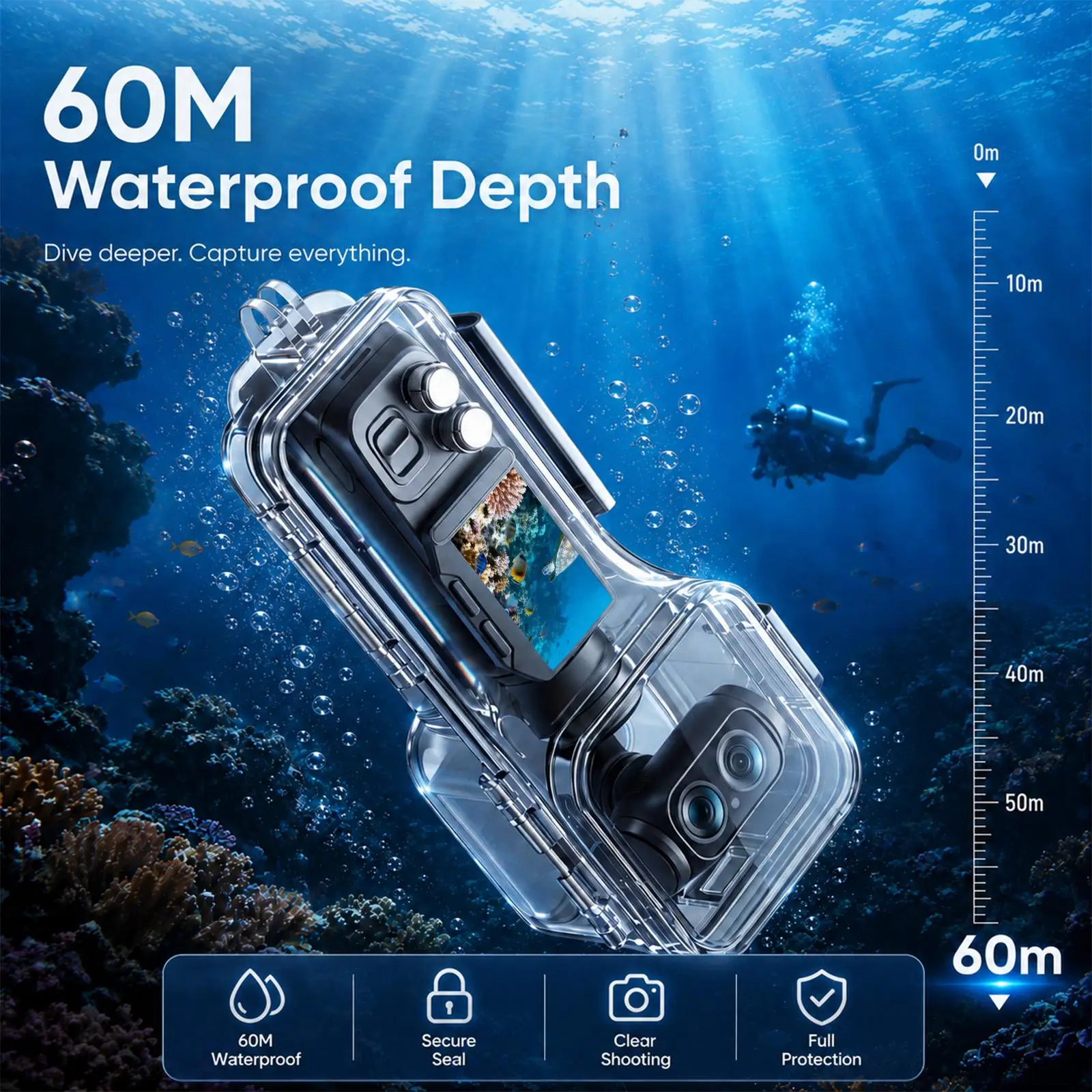 PULUZ Waterproof Housing 60m/196ft Underwater Diving Case For Insta360 Luna Ultra , High-transparency Optical Glass Diving Cover