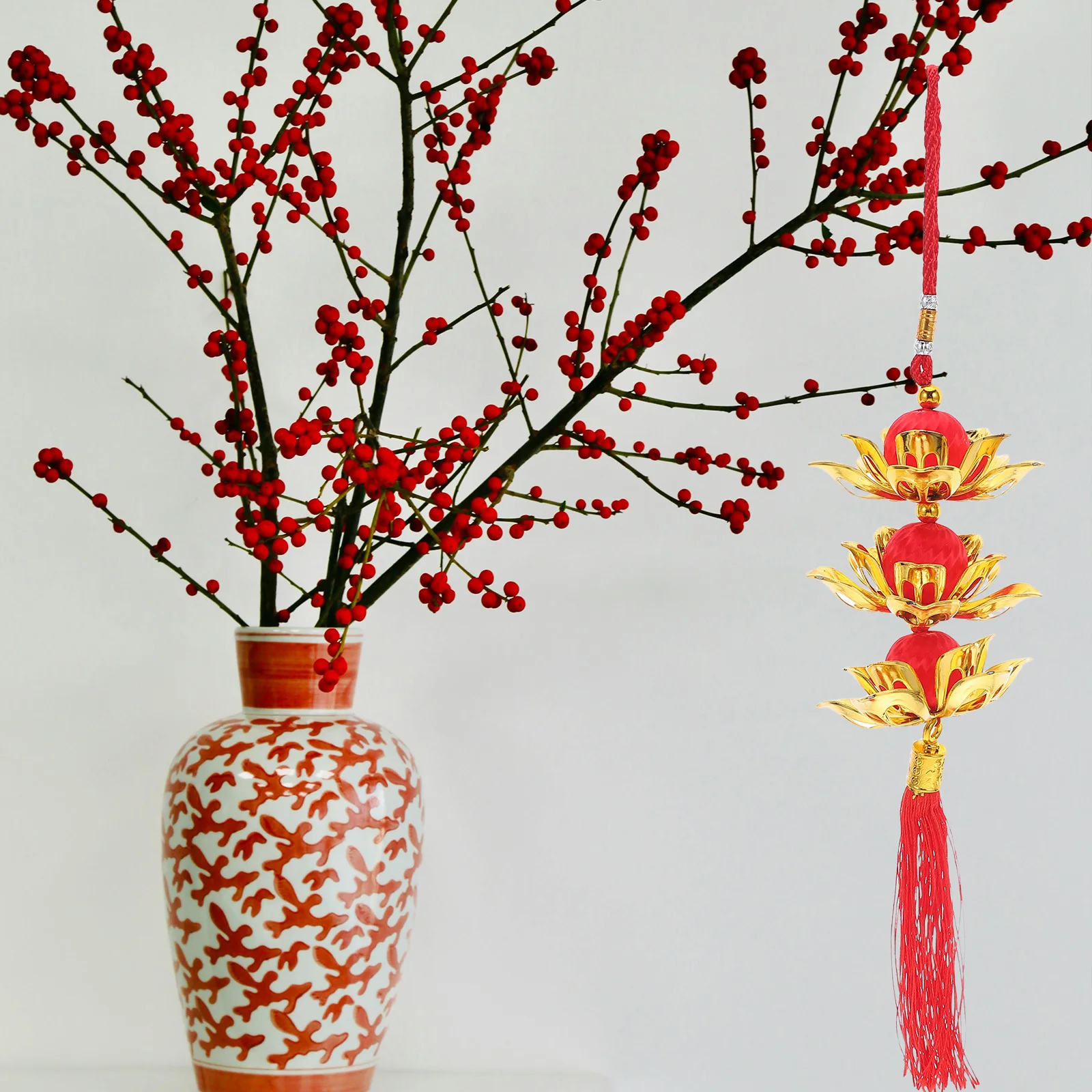 Lampion 3-kształtny z czerwonym frędzlem, tradycyjna chińska dekoracja na Nowy Rok, ozdoba do zawieszenia na drzwi, ścianę, drzewko, na uroczystości.