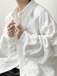 Oversized Shirt Vrouwen Wit Jacquard Lange Mouw Top Lente Chique Single Breasted Blouse Dames Casual Losse Effen Kleur Hemd