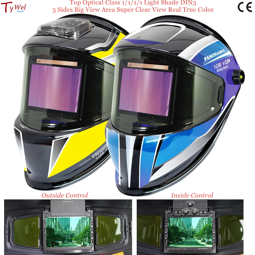 Capacete de soldagem de escurecimento automático, 3 visão lateral, 4 sensores, cor verdadeira, classificação óptica 1111, EN379 ANSI, DIN 5-9-13