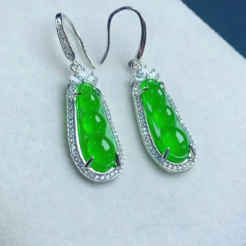 Myanmar Mine Timber Yang Sauteed Green Beans Fu Dou Silver Inlaid Earrings Eardrop Earring Imitation Simulation Jade