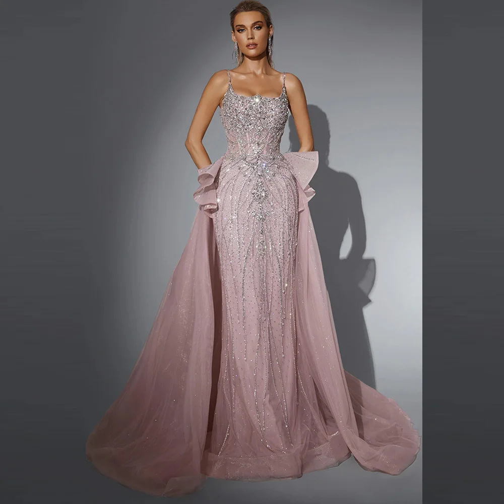 Customized Exquisite pink Organza Evening Dress Sleeveless Spaghetti Straps Bridal Party Sparkly Crystal Bespoke Occasion Gowns