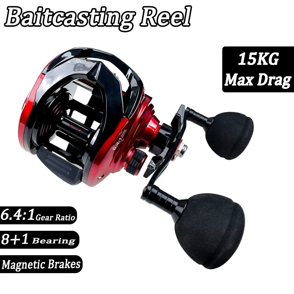 

Baitcasting Reels 6.4:1Gear Ratio Fishing Reels Wheel Max Drag 15kg Saltwater Freshwater 8+1BB for Beginners Fishing Accessory