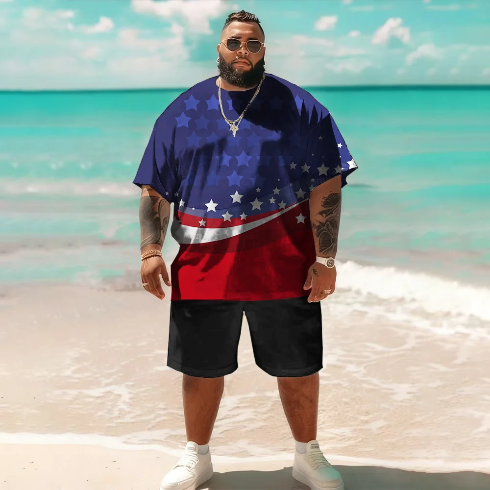 

S-9xl Большой и высокий комплект с короткими рукавами больших размеров (пеллен флага): Прочный легкий материал, стильные детали с принтом флага,