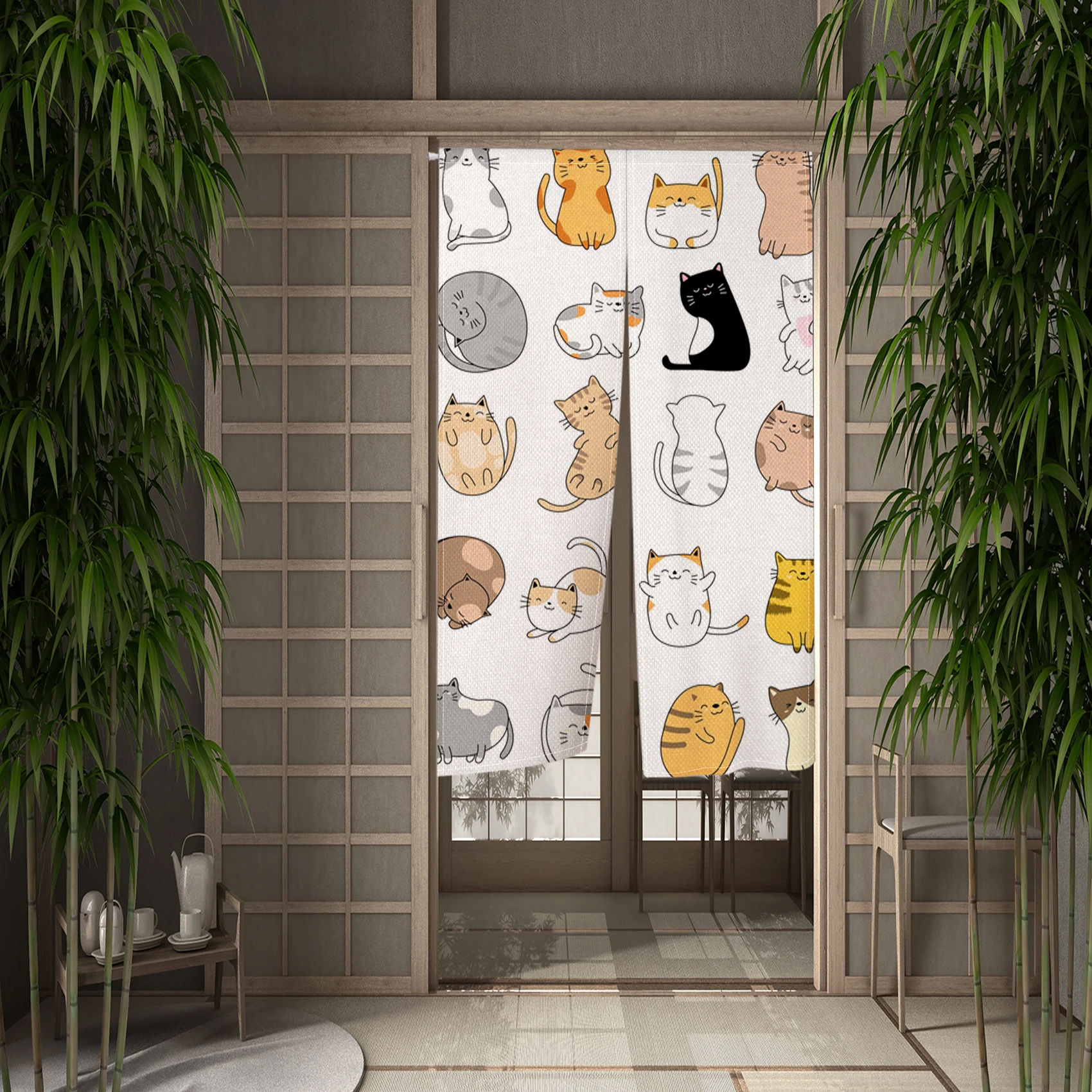 Funny Cat Door Curtain Japanese Ukiyo-e Cute Cartoon Cat Kitchen Bedroom Doorway Drape Curtain Entrance Hanging Half-Curtain