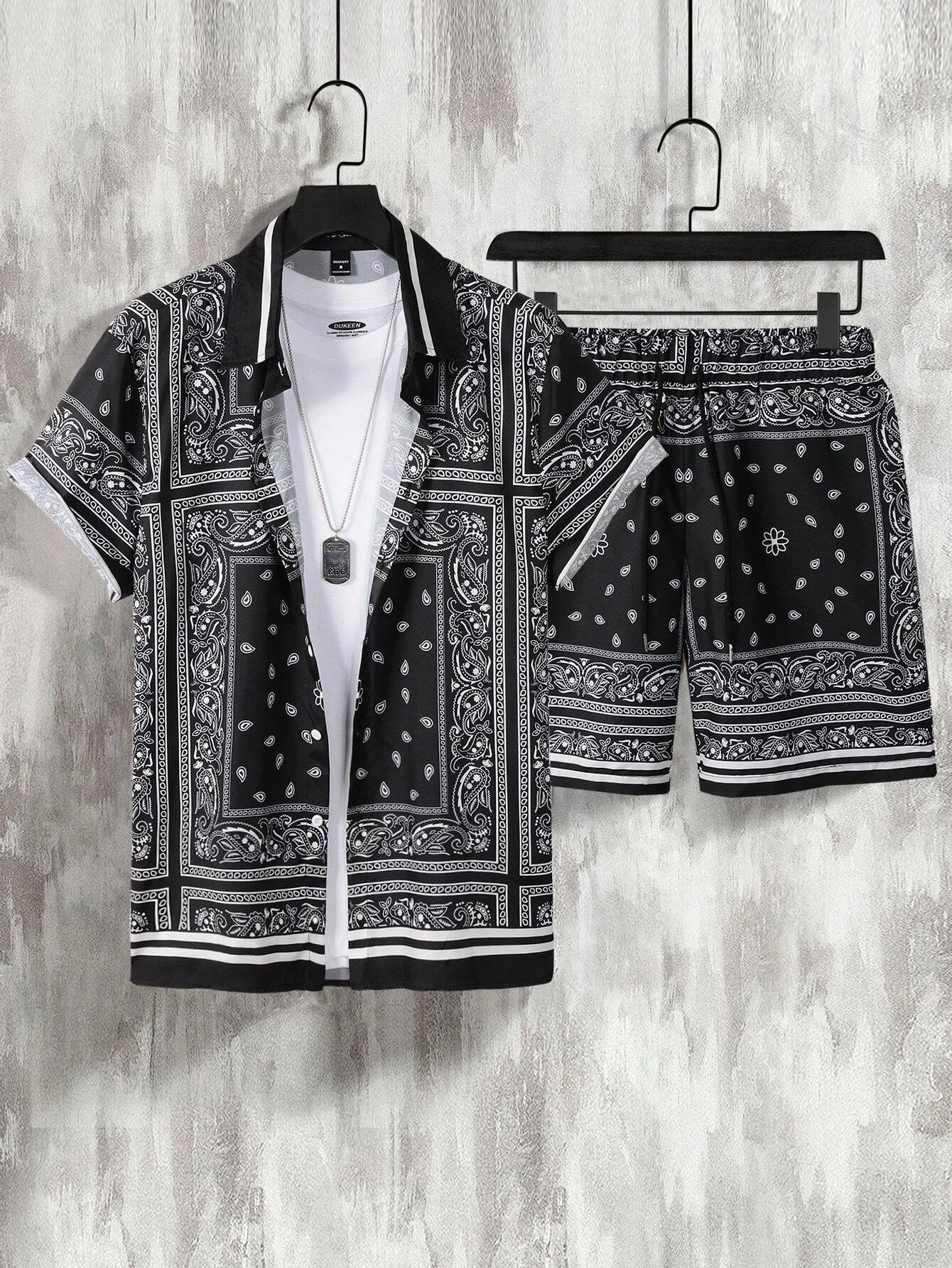 Summer fashion personalized design printed short-sleeved shirt suit seaside button lapel shirt shorts