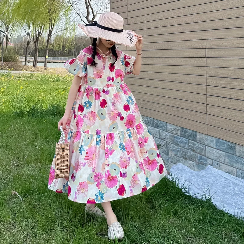 

2025 Summer New Girls' Cotton Floral Lace up Decorative Flying Edge Sleeve Dress