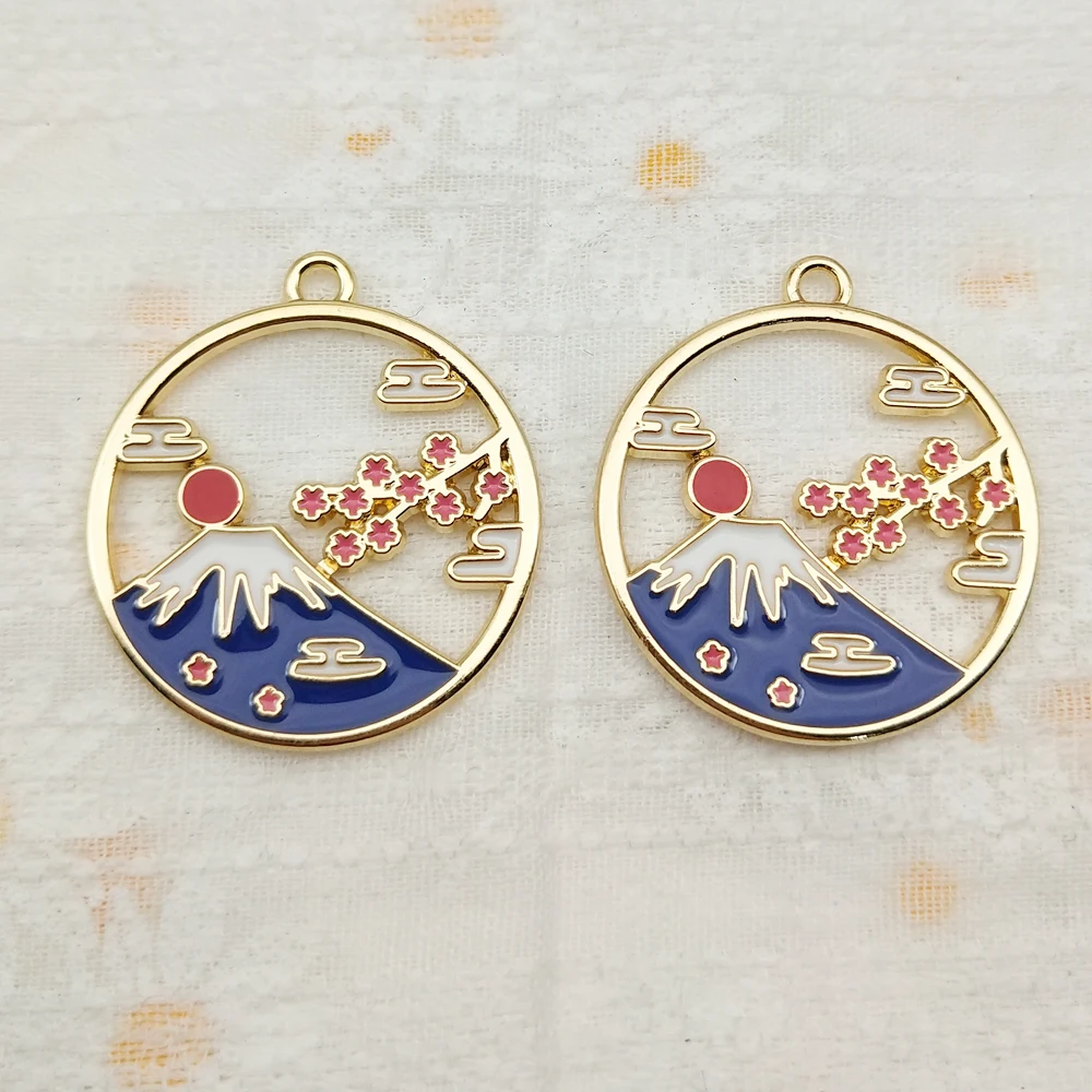 10pcs Mount Fuji Sakura Charm Jewelry Accessories Enamel Earring Phone Keychain Pendant Diy Making Alloy Metal Gold Plated