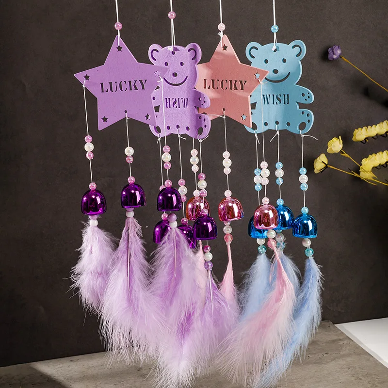 Wooden Feather Wind Chime Pentagram Little Bear Clear Crisp Sound Bells Clang Restaurant Balcony Decoration Pendant Wind Chimes