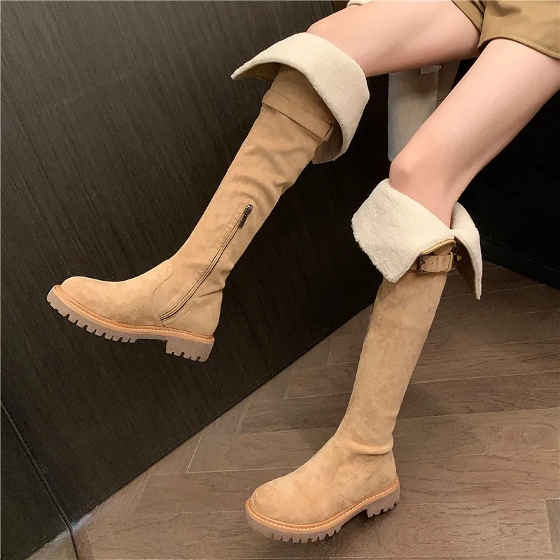 Botas elegantes de lana hasta la rodilla para Mujer, Zapatos cómodos, cálidos, de lana invertida, ajustados, Envío Gratis