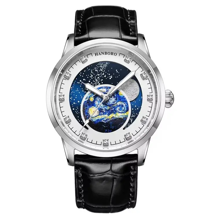 HANBORO Men Automatic Watch Fashion 42mm Moon Phase Mechanical Wristwatch Luminous 50M Waterproof Sapphire Mirror