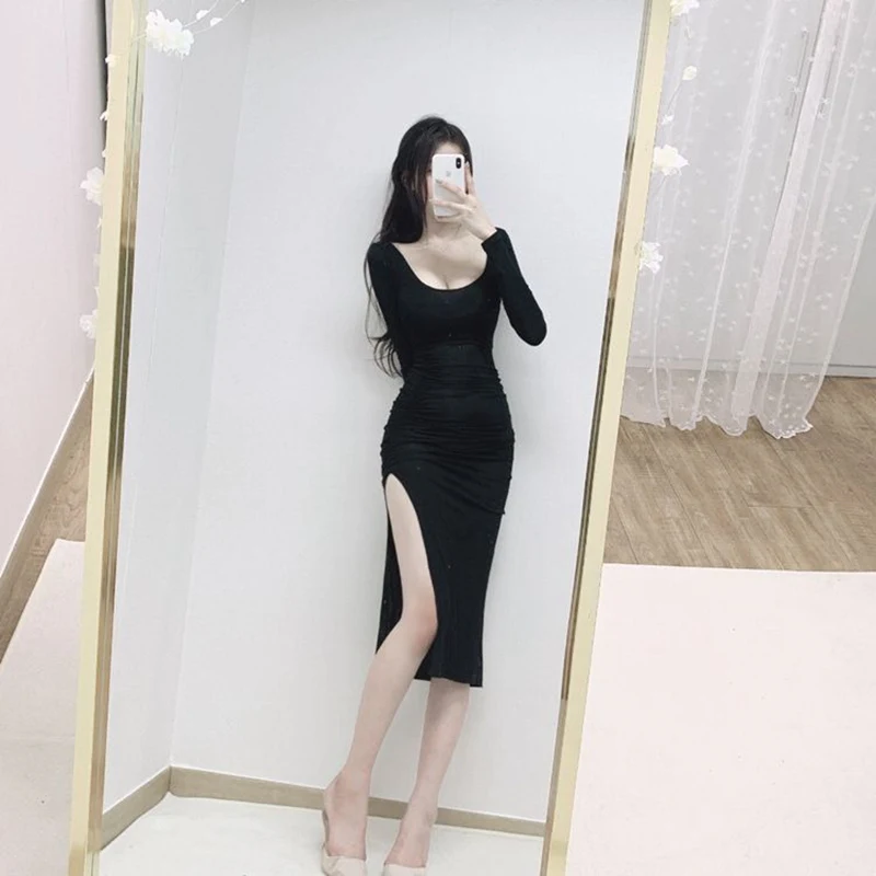 2025 Spring Spicy Girls Long Sleeve Sexy Split Long Dress for Women Korean Fashion Slim Fit Temperament Elegant Wrap Hip Dress