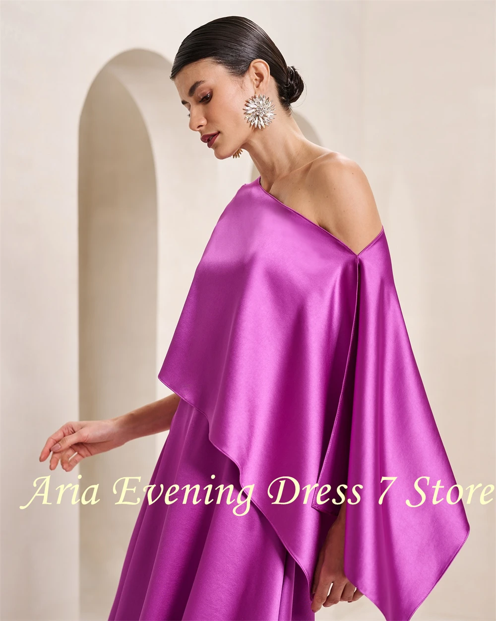 Customized  Graceful One Shoulder Evening Dress Temperament Ruched Sleeves Party Dress Classic A-Line Knee Length Celeb