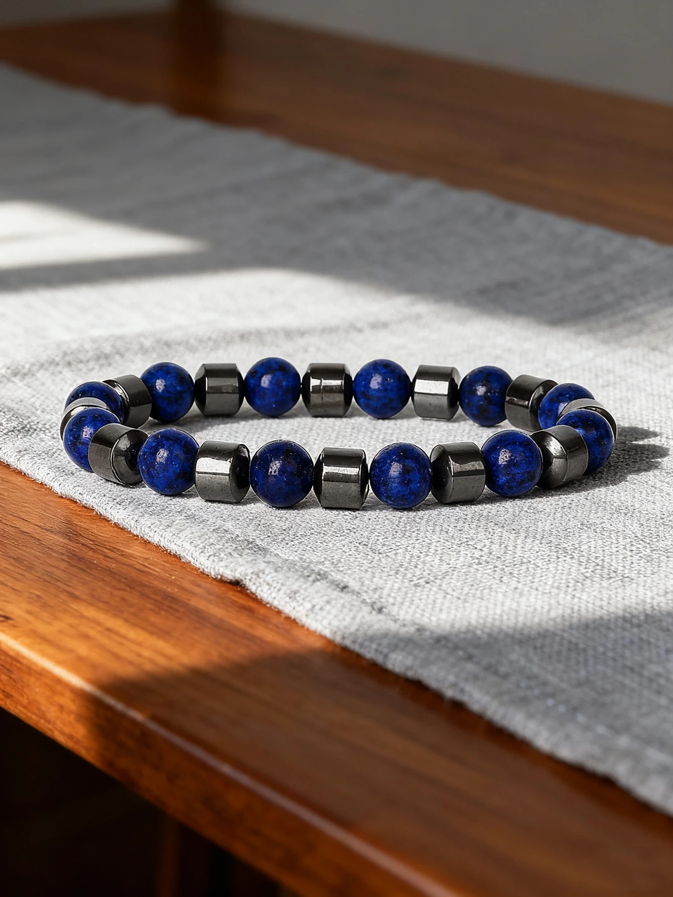 Hematite Lapis Lazuli Beaded Bracelet Natural Stone Bracelet Cylinder Bead Healing Reiki Charm Protection Wisdom Fashoin Jewelry