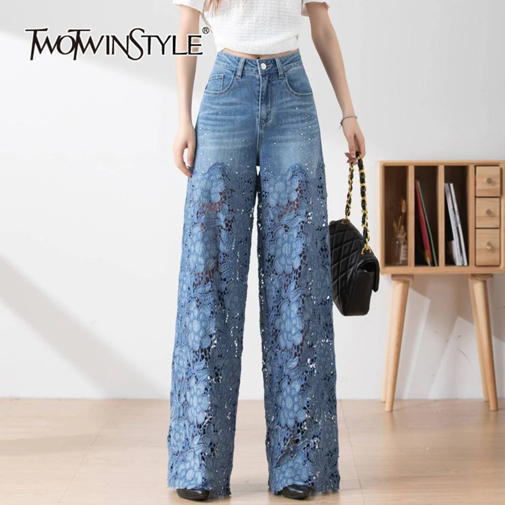 TWOTWINSTYLE Hollow Out Spliced Diamonds Loose Denim Pant For Women High Waist Patchwork Lace Casual Jeans Female Fashion Style