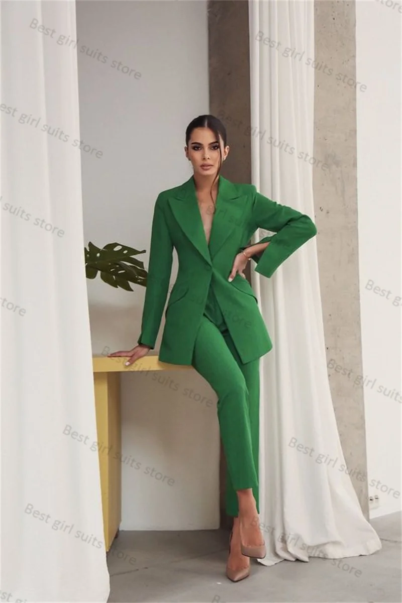 Green Women Suit Set 2 Pieces Blazer+Pants Cotton Wedding Tuxedos Formal Business Office Lady Jacket Coat Tailored Made Trousers