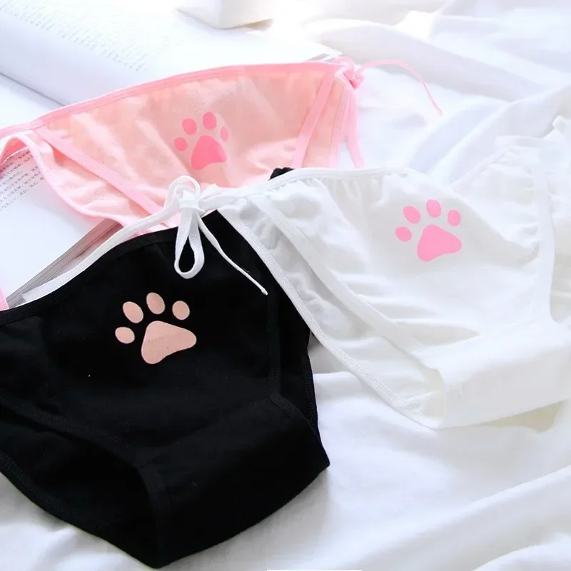 Women Sexy Bandage Cotton Panties Cute Cat Paw Bowknot Lovely Lolita Girls Briefs Erotic Ladies Low Waist Adjustable Underwear