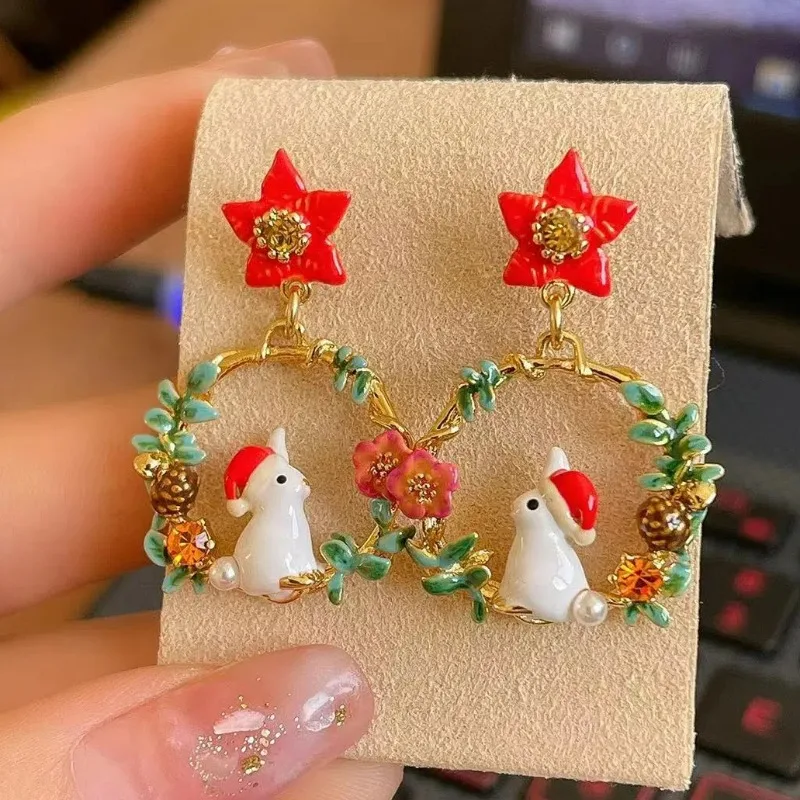 French Christmas, Adventure Series Little White Rabbit Wearring Christmas Hat Charms, Stud Earrings, Mulberry Earclip for Women