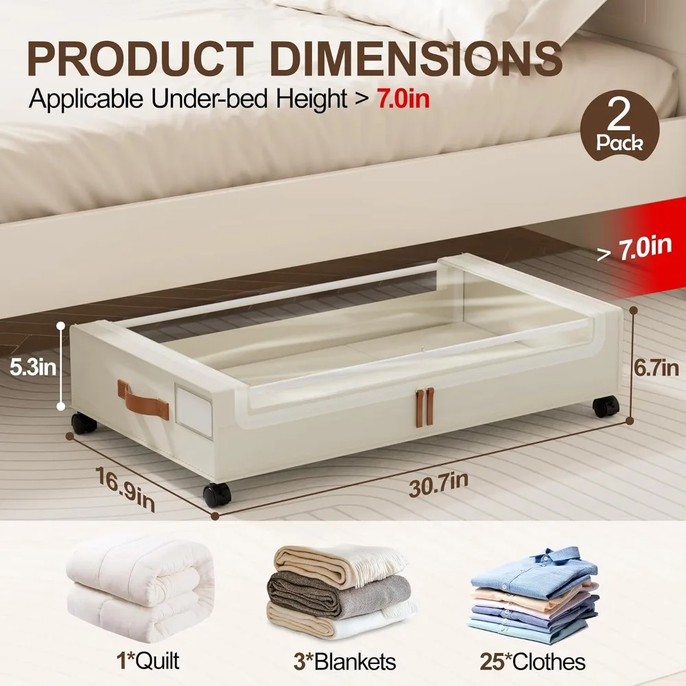 2 Pack Under Bed Storage with Wheels, 60L Clear Lid Bins, Rolling Metal Drawers for Clothes, Blankets, Shoes, Beige view 2
