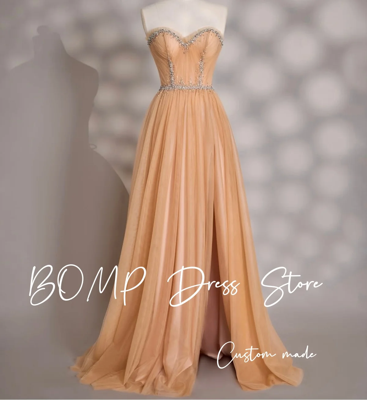 BOMP Elegantes Champagner Abendkleid Schatz Kristall High Split Saudi Dubai Frau Abendkleid Hochzeit Party Kleider Angepasst